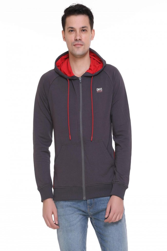 Buy Men Dark Grey Front Open Hooded Sweatshirt Online in India - Sports  Clothing | On-Vers